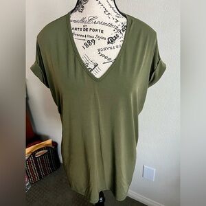 Bridget Brianna Olive Green V-Neck Roll Sleeve Blouse Tee. Women's Top Size L